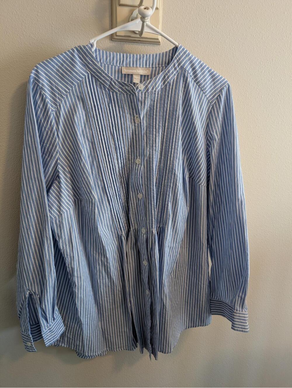 Womes Long Sleeve 18/20 2x Blue &  White Vertical Stripe Button Down Top Coastal